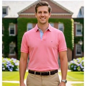 Tommy Hilfiger Polo Shirt Mens Small Pink Short Sleeve Pique Preppy Classic Work